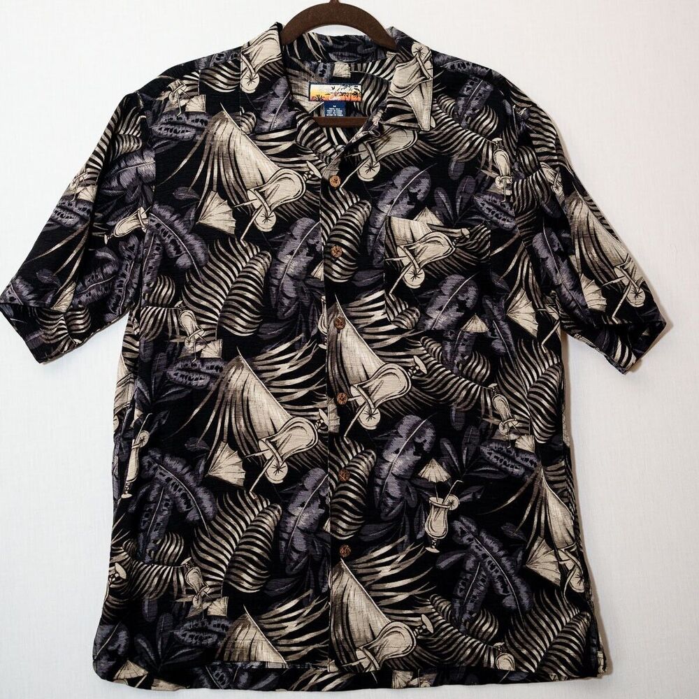 Havana Jacks Cafe Hawaiian Shirt 100% Silk Dark Floral Button Up Mens M drinks